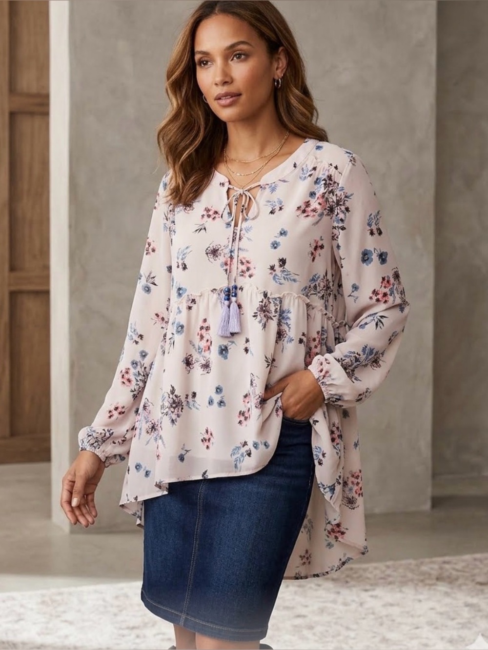 Knox Rose Floral Tassel Tie Tunic Top Boho Long Sleeve Large